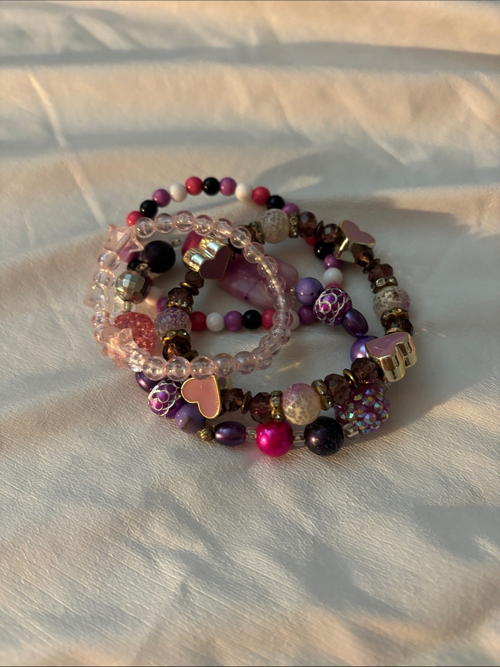 SHEIN Purple & Pink Mixed Bead Heart Charm Bracelet Set
